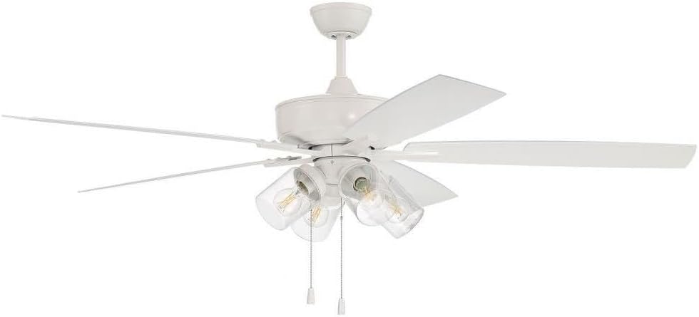 Craftmade 60' Outdoor Super Pro OS104W5 Wet Rated Fan with Clear 4 Light Kit in White with ABS Matte White Blades