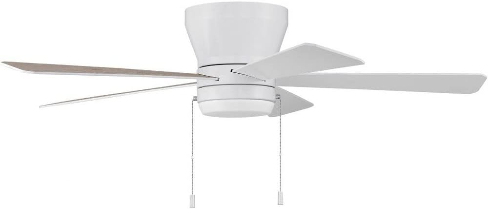 Craftmade 52' Merit MER52W5 Hugger/Flushmount Indoor Reversible Ceiling Fan in White Finish, Reversible White/Washed Oak Blades Included, Integrated 18W dimmable LED Light Included