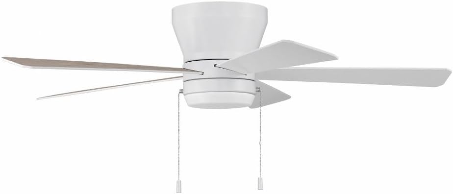 Craftmade 52' Merit MER52W5 Hugger/Flushmount Indoor Reversible Ceiling Fan in White Finish, Reversible White/Washed Oak Blades Included, Integrated 18W dimmable LED Light Included