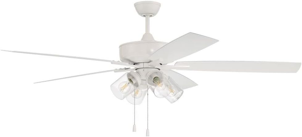 Craftmade 60' Outdoor Super Pro OS104W5 Wet Rated Fan with Clear 4 Light Kit in White with ABS Matte White Blades