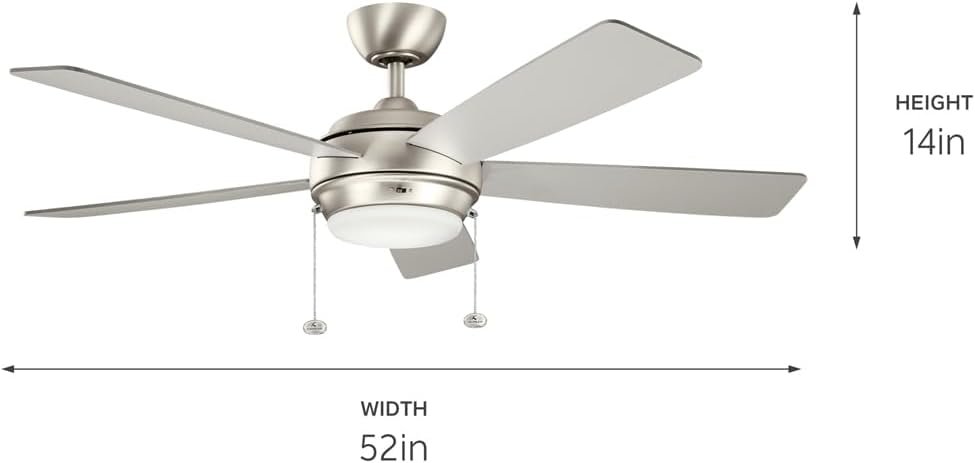 Kichler Starkk 52' Ceiling Fan with LED Lights in Brushed Nickel, 5-Blade Traditional Fan with reversible Silver/Walnut blades, 3000K, (52' W x 13.75' H), 330174NI
