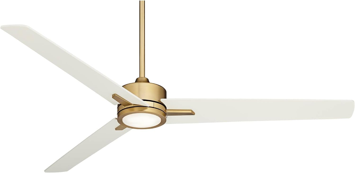 Casa Vieja 60' Monte Largo Modern Mid Century Indoor Ceiling Fan 3 Blade LED Light Remote Control Soft Brass Finish White Blades Bedroom Living Room Kitchen Dining Office Decorative DC Motor Bright