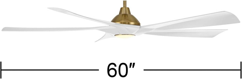 Possini Euro Design 60' Eloquent Modern Indoor Outdoor Ceiling Fan 5 Blade LED Light Remote Control Brass Finish White Blades Bedroom Patio Living Room Damp Rated Decorative DC Motor - 24' Downrod