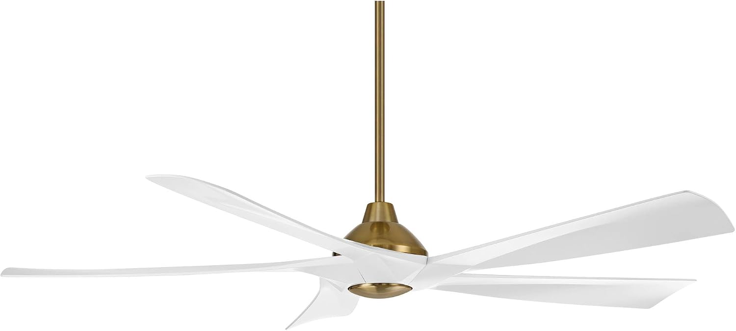 Possini Euro Design 60' Eloquent Modern Indoor Outdoor Ceiling Fan 5 Blade LED Light Remote Control Brass Finish White Blades Bedroom Patio Living Room Damp Rated Decorative DC Motor - 6' Downrod