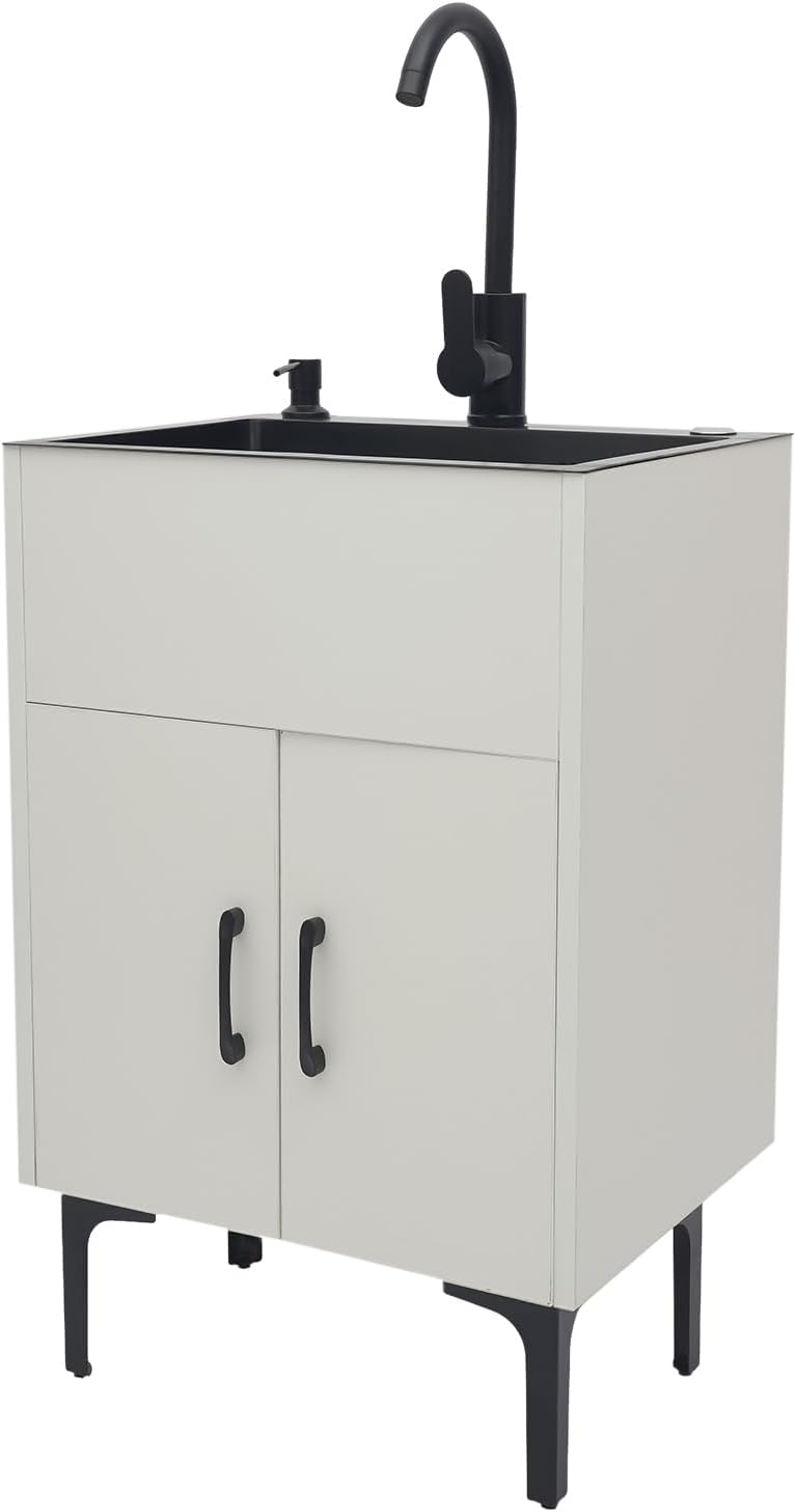 20-Inch Laundry Sink with Cabinet and Hot & Cold Faucet, Stainless Steel Utility Sink with Cabinet, White Cabinet with Single Bowl Sink for Laundry & Utility Room, Kitchen, Bathroom, Basement