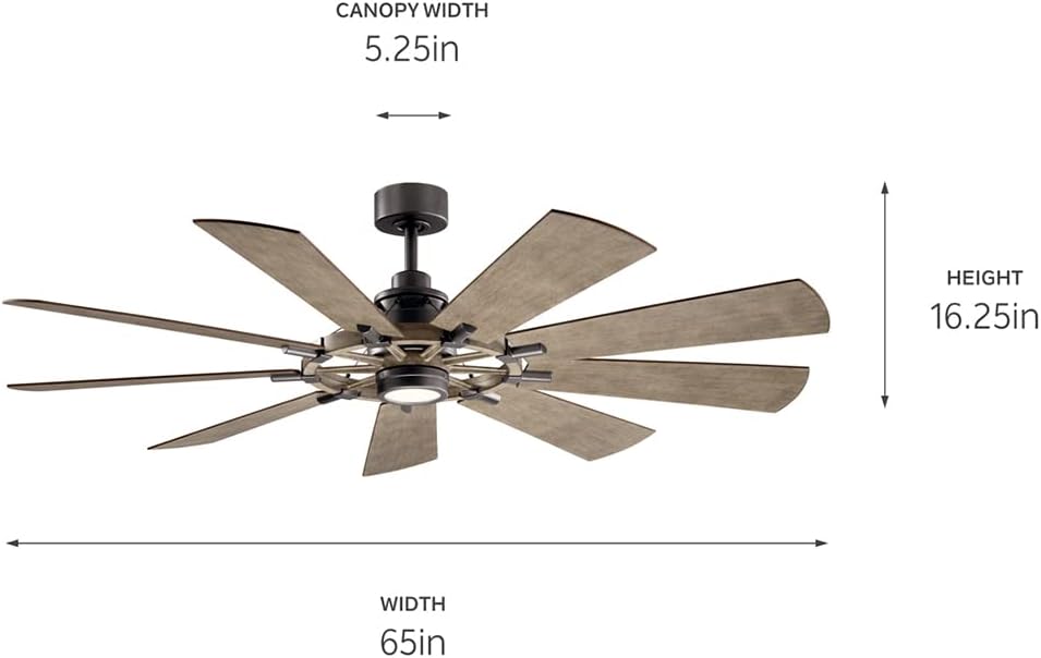 Kichler Gentry XL 65' Ceiling Fan with Lights, 1-Light LED, 3000K, 9-Blade Modern Industrial Fan for Bedroom in Anvil Iron, (65' W x 16.5' H), 300265AVI