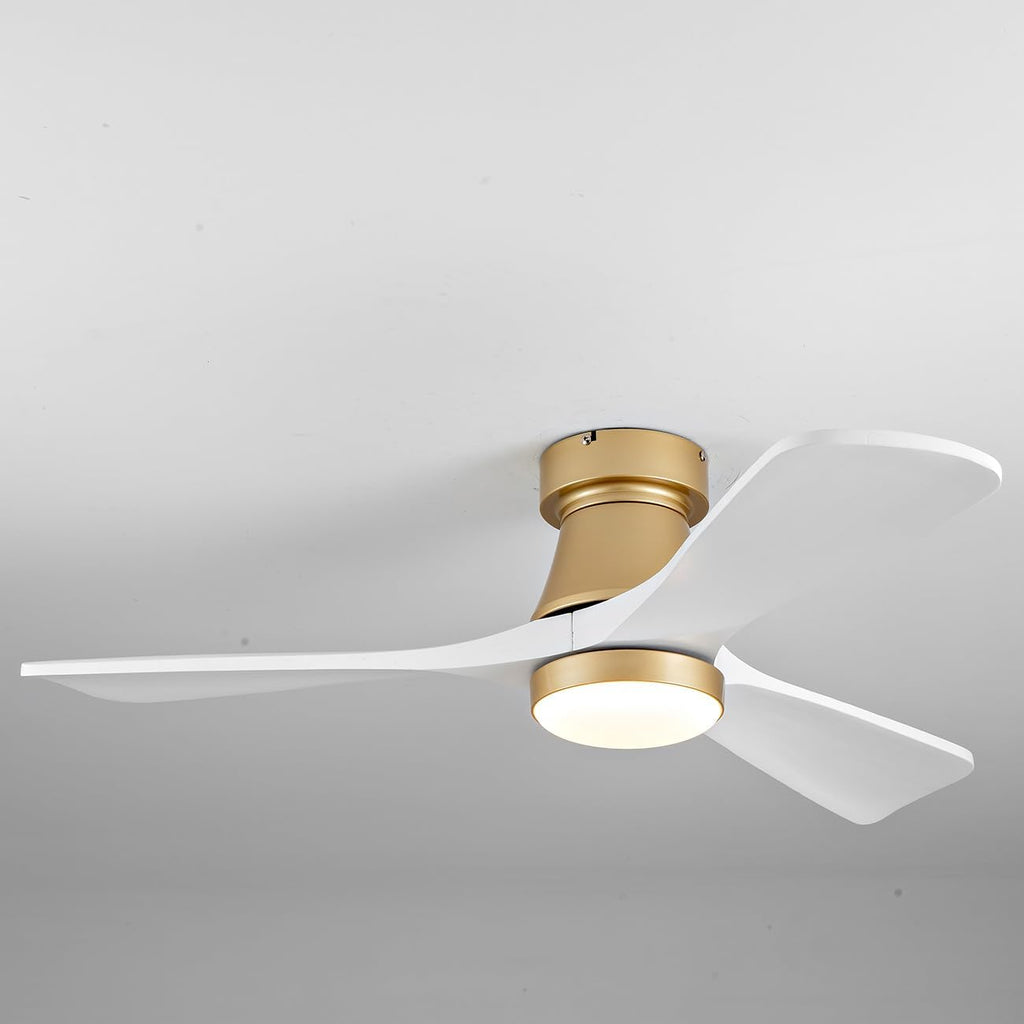 42 Inch Gold Ceiling Fan with Lights, Remote Control, Flush Mount, Dimmable, Reversible, Wood Blades, Power-Off Memory, Quiet DC Motor, Modern Hugger Ceiling Fan for Indoor Outdoor