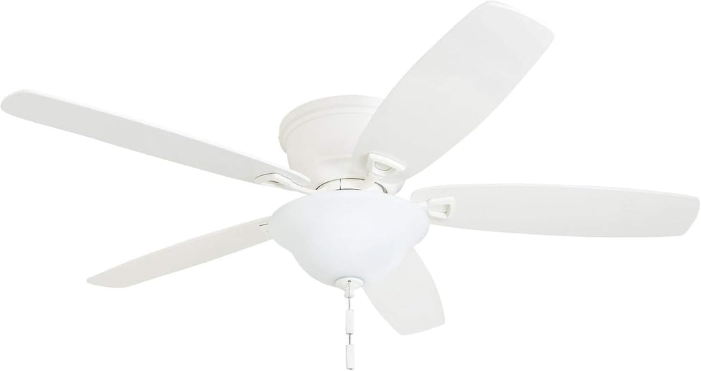 Honeywell Glen Alden 52 Inch Indoor LED Ceiling Fan with Bowl Light, Pull Chain Control, 5 Dual-Finish Blades, Quiet Reversible Motor, White