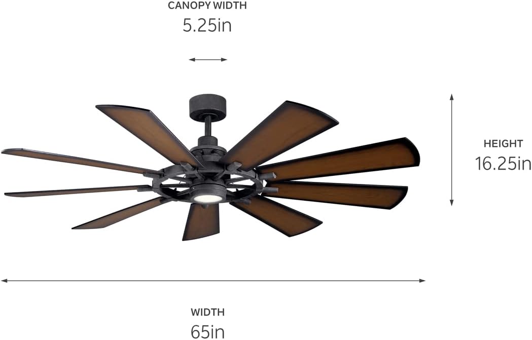 Kichler Gentry XL 65' Ceiling Fan with Lights, 1-Light LED, 3000K, 9-Blade Modern Rustic Fan for Bedroom in Distressed Black, (65' W x 16.5' H), 300265DBK