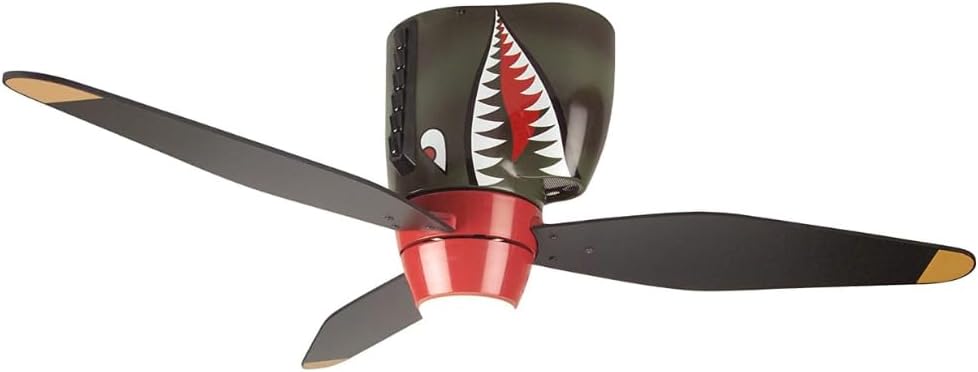 Craftmade 48' War Planes Tiger Shark Indoor Hugger/Flushmount Youth Ceiling Fan in Custom Warbird Black/Tiger Shark Red Finish with Integrated Non-Dimmable LED Light Kit, 1 x 4.5W LED Bulb Included