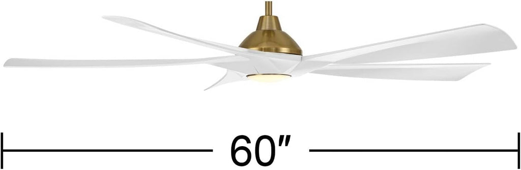 Possini Euro Design 60' Eloquent Modern Indoor Outdoor Ceiling Fan 5 Blade LED Light Remote Control Brass Finish White Blades Bedroom Patio Living Room Damp Rated Decorative DC Motor - 6' Downrod