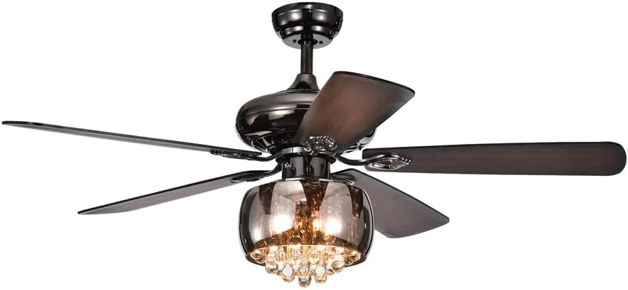 Warehouse of Tiffany CFL-8307 Nettle 3-Light Shaded Glass and Crystal 5-Blade Pear Black Ceiling Fan, 52'