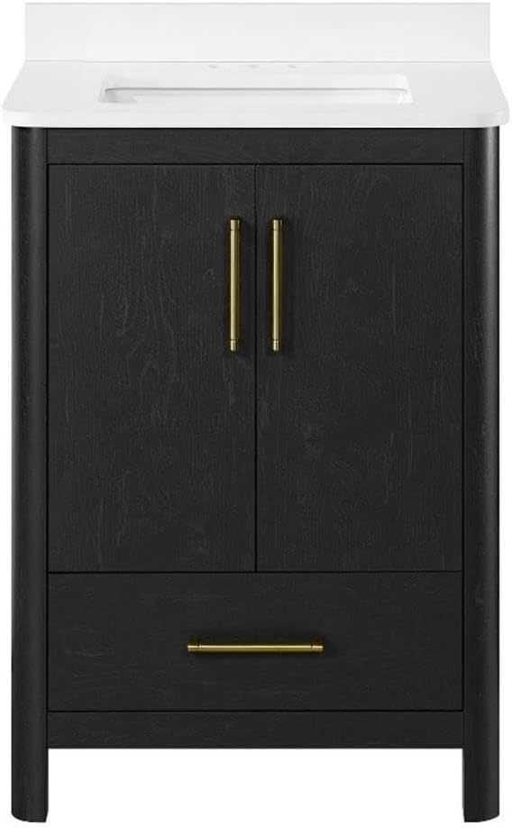 Pemberly Row 24' Bathroom Vanity, Matte Black Finish, Engineered Marble Countertop and Backsplash, Single Sink with Storage Cabinet and Drawer, Modern Freestanding Design for Small Bathroom or Guest