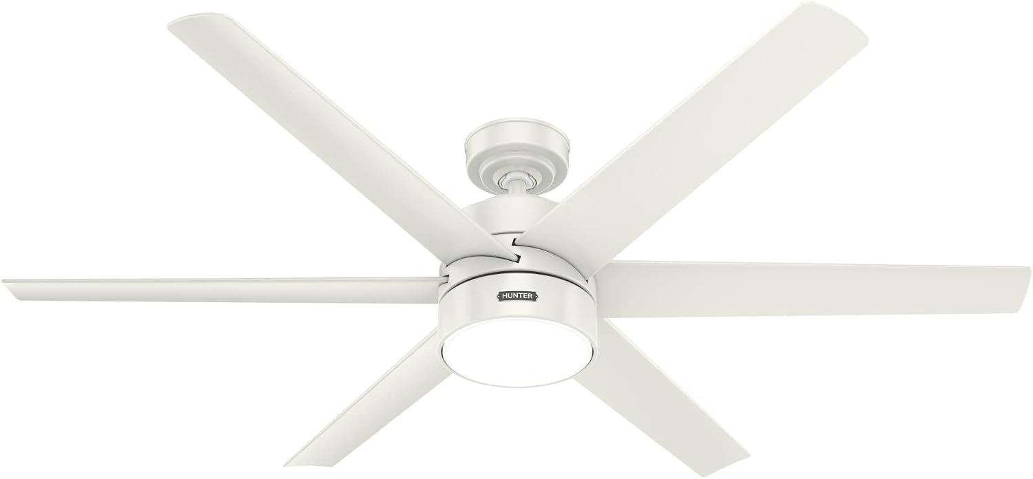 Hunter 60 inch Outdoor or Indoor Ceiling Fan with LED Light - White Ceiling Fan with Wall Control, For Patio, Garage, or Porch, Quiet, Standard Mount, 6 Blades - Solaria 51476, Fresh White