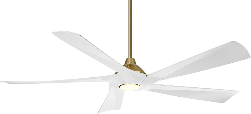 Possini Euro Design 60' Eloquent Modern Indoor Outdoor Ceiling Fan 5 Blade LED Light Remote Control Brass Finish White Blades Bedroom Patio Living Room Damp Rated Decorative DC Motor - 12' Downrod