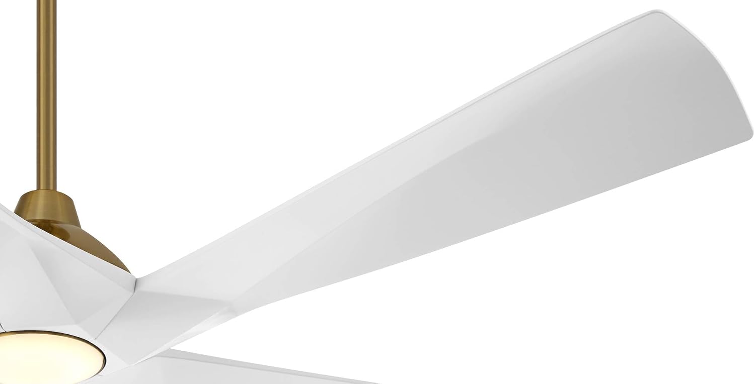 Possini Euro Design 60' Eloquent Modern Indoor Outdoor Ceiling Fan 5 Blade LED Light Remote Control Brass Finish White Blades Bedroom Patio Living Room Damp Rated Decorative DC Motor - 12' Downrod