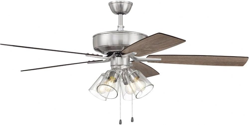 Craftmade 52' Pro Plus P104BNK5-52DWGWN Indoor Fan with 4 Light Clear Glass Light Kit in Brushed Polished Nickel with Reversible Greywood/Grey Walnut Blades