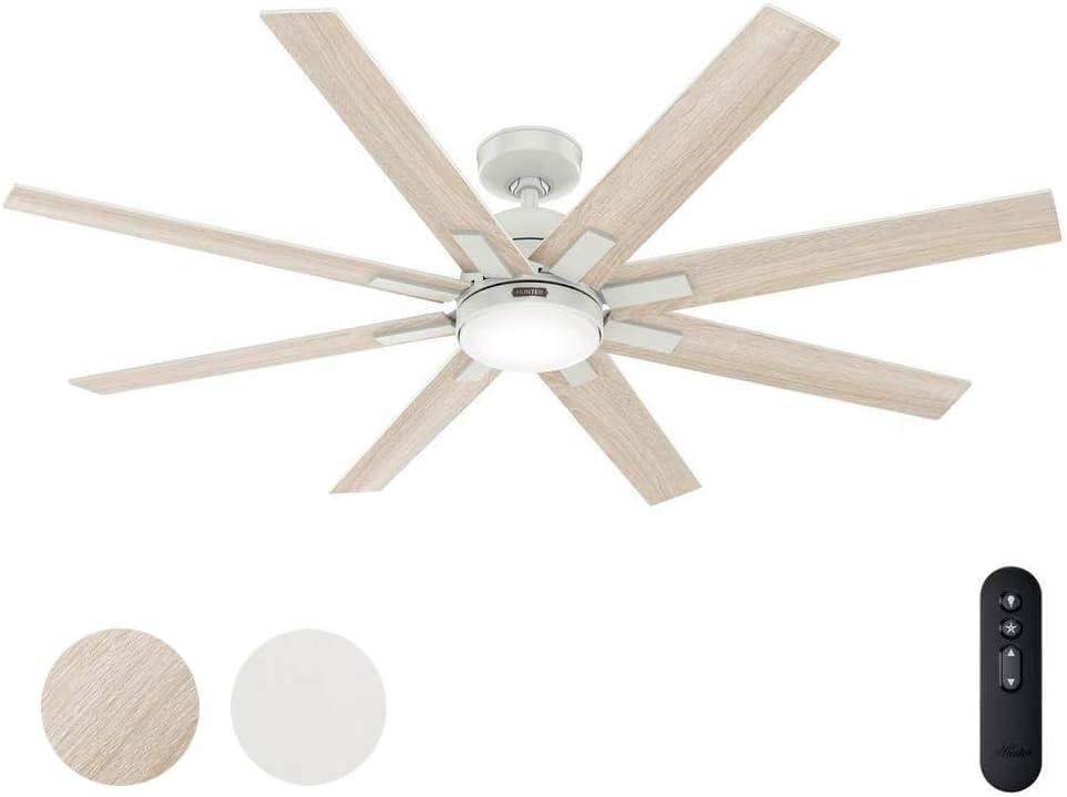 Hunter Fan 60 inch Ceiling Fan with Light and Remote, Outdoor or Indoor White Ceiling Fan for Porch, Living Room, Office, Kitchen, Garage, 8 Blades (Renewed)