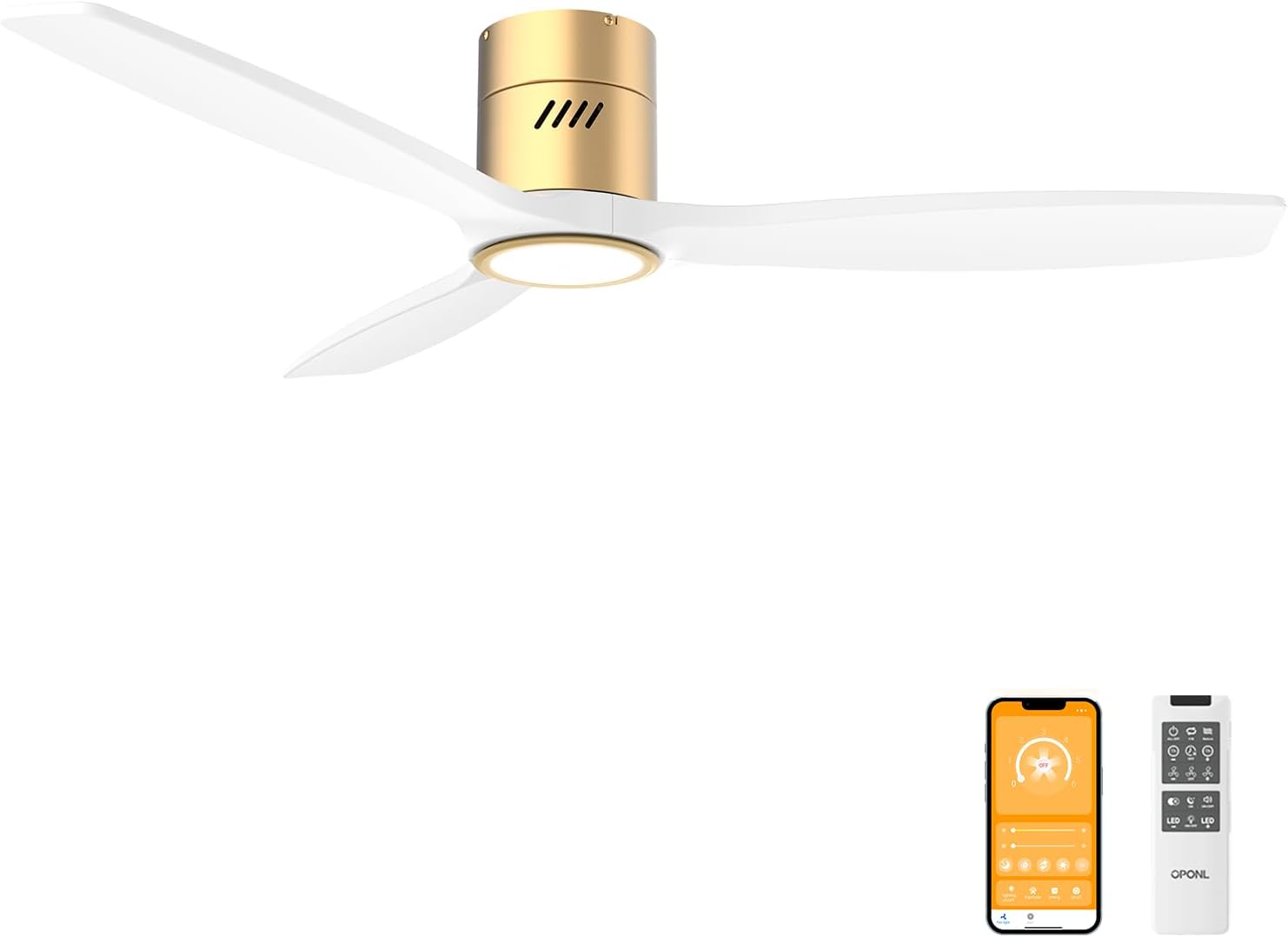 OPONL 52 Inch Natural Wood White Ceiling Fan with Light, Remote Control, Noiseless,Reversible, 6CCT, Dimmable, Timeable, Flush Mount Ceiling Fans with Lights for Bedroom,Indoor/Outdoor Use
