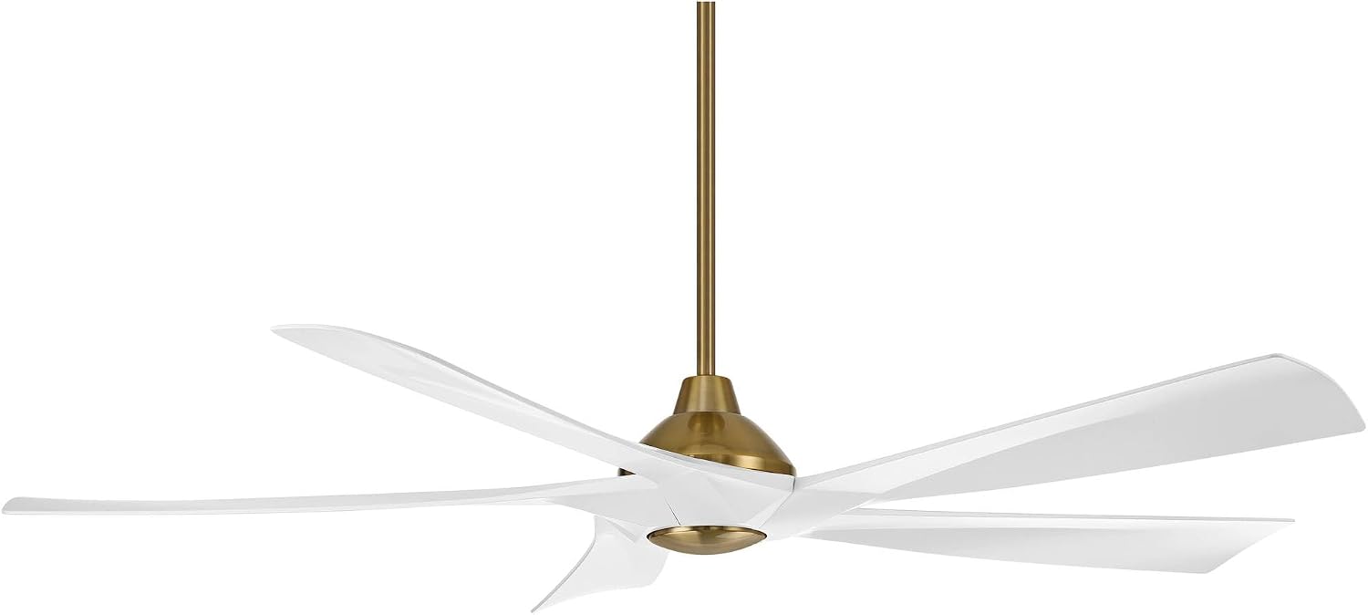 Possini Euro Design 60' Eloquent Modern Indoor Outdoor Ceiling Fan 5 Blade LED Light Remote Control Brass Finish White Blades Bedroom Patio Living Room Damp Rated Decorative DC Motor - 12' Downrod