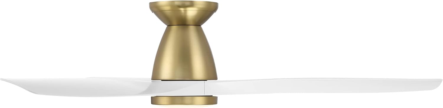 Skylark Indoor and Outdoor 3-Blade 54in Smart Flush Mount Ceiling Fan in Soft Brass Matte White Adjustable CCT 2700K-3000K-4000K-5000K LED Light Kit Remote Control works with Alexa, iOS or Android App