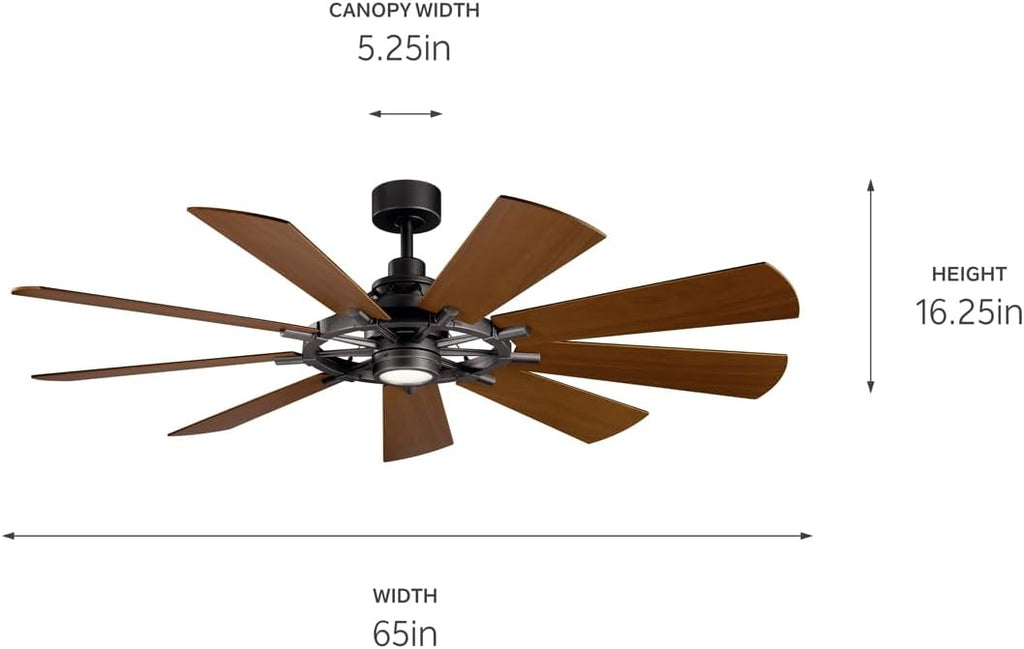 Kichler Gentry XL 65' Ceiling Fan with Lights, 1-Light LED, 3000K, 9-Blade Modern Industrial Fan for Bedroom in Anvil Iron, (65' W x 16.5' H), 300265AVI