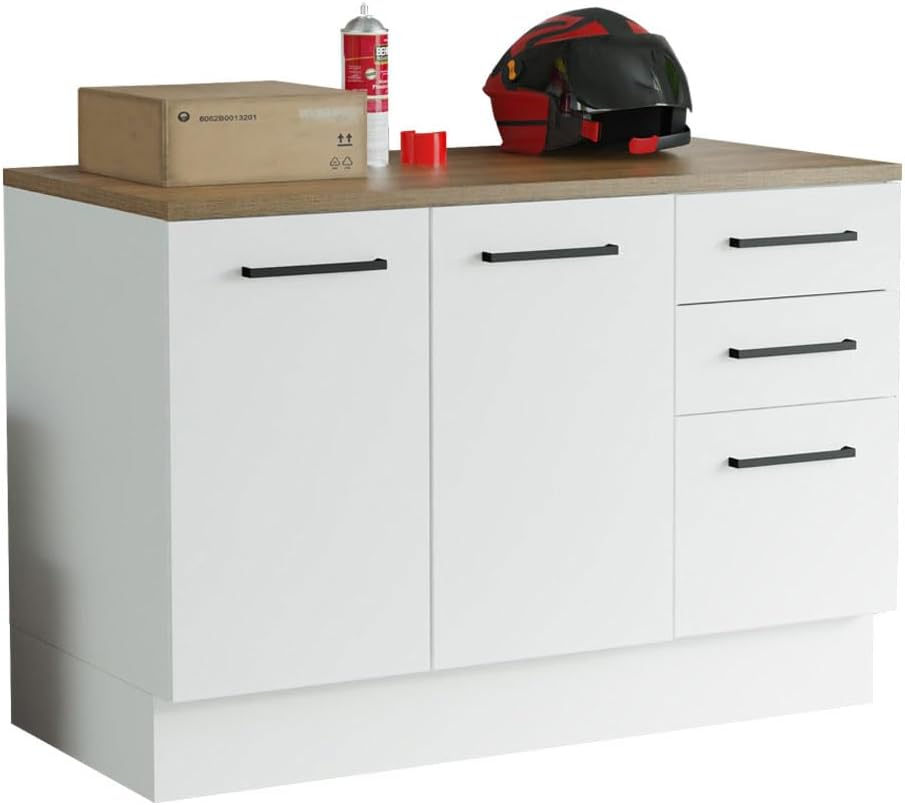 Madesa Heavy-Duty Garage and Utility Room Base Storage Cabinet with 2 Doors and 3 Drawers Storage Shelves 47 Inch Wooden Organization Unit - White