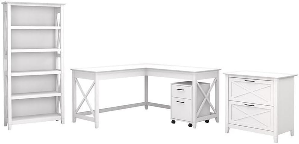 Bush Home Key West 60W L Shaped Desk with File Cabinets and 5 Shelf Bookcase in Pure White Oak