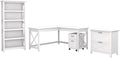 Bush Home Key West 60W L Shaped Desk with File Cabinets and 5 Shelf Bookcase in Pure White Oak