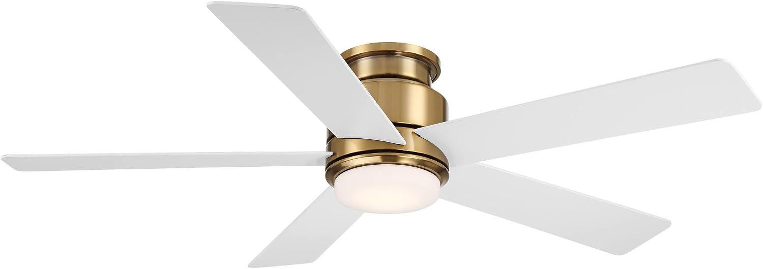 Casa Vieja 52' Grand Palm Modern Indoor Outdoor Ceiling Fan 5 Blade LED Light Remote Control Soft Brass Finish White Wood Blades Bedroom Patio Living Room Kitchen Porch Hugger Damp Rated Flush Mount