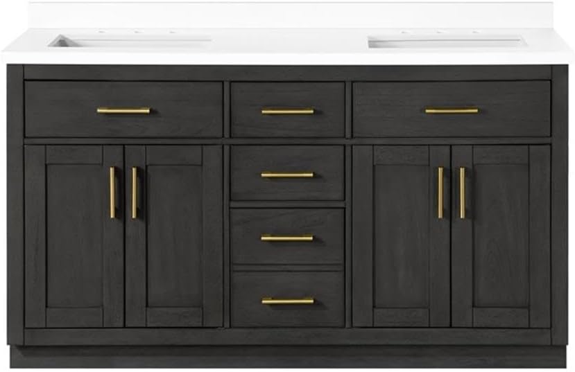Pemberly Row 60' Double Bathroom Vanity, Matte Black Wood, White Quartz Countertop with 3' Backsplash, 2 Undermount Sinks, Shaker Style, Ample Storage, Brushed Gold Hardware for Master or Guest