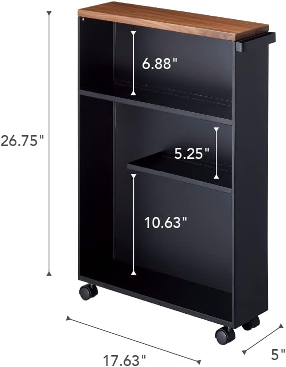 YAMAZAKI Home Slim Rolling Storage Cart – Narrow Bathroom Storage Cabinet with Handle, Slim Bathroom Storage Cart with Wheels, Easy Assembly, Steel + Wood, Black
