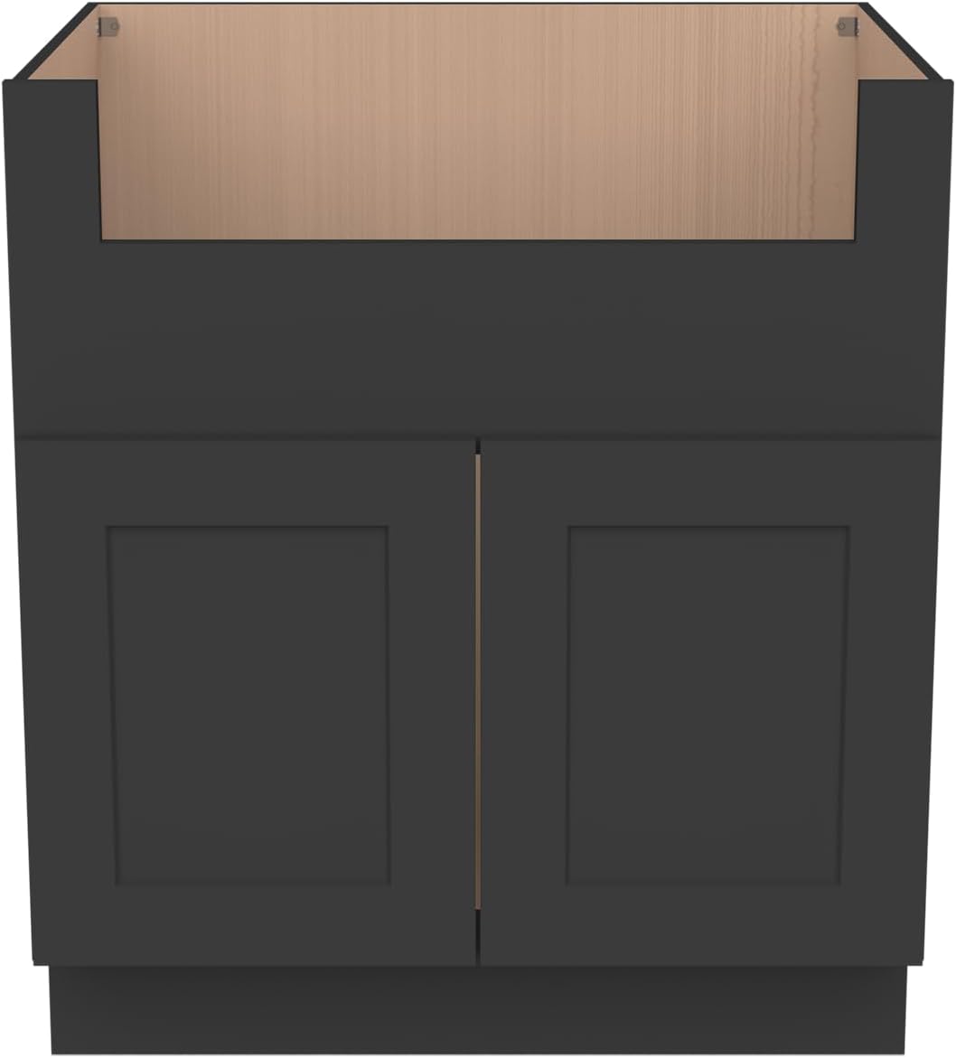33 Inch RTA Kitchen Sink Base Cabinet - Solid Wood Shaker Style Farmhouse Cabinet with Soft Close Doors, Fits 24-30 Inch Undermount Sinks, Ready to Assemble (Black)