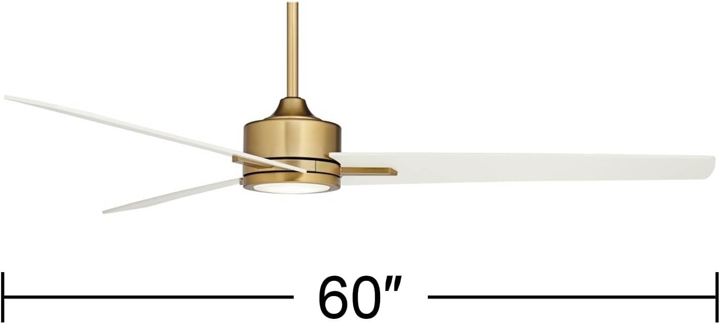 Casa Vieja 60' Monte Largo Modern Mid Century Indoor Ceiling Fan 3 Blade LED Light Remote Control Soft Brass Finish White Blades Bedroom Living Room Kitchen Dining Office Decorative DC Motor Bright