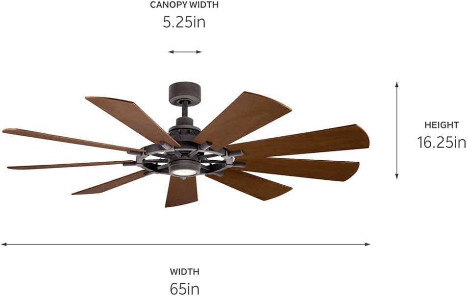 Kichler Gentry XL 65' Ceiling Fan with Lights, 1-Light LED, 3000K, 9-Blade Modern Modern Fan for Bedroom in Weathered Zinc, (65' W x 16.5' H), 300265WZC