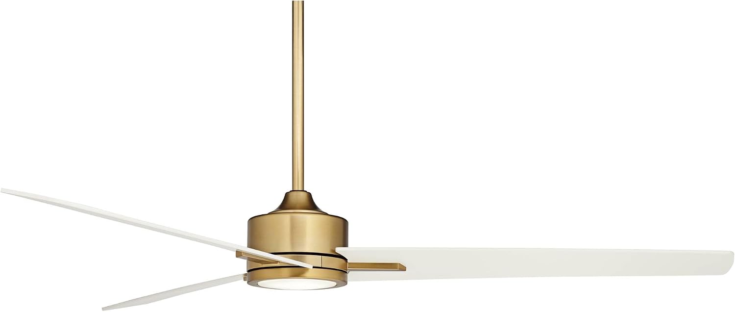 Casa Vieja 60' Monte Largo Modern Mid Century Indoor Ceiling Fan 3 Blade LED Light Remote Control Soft Brass Finish White Blades Bedroom Living Room Kitchen Dining Office Decorative DC Motor Bright