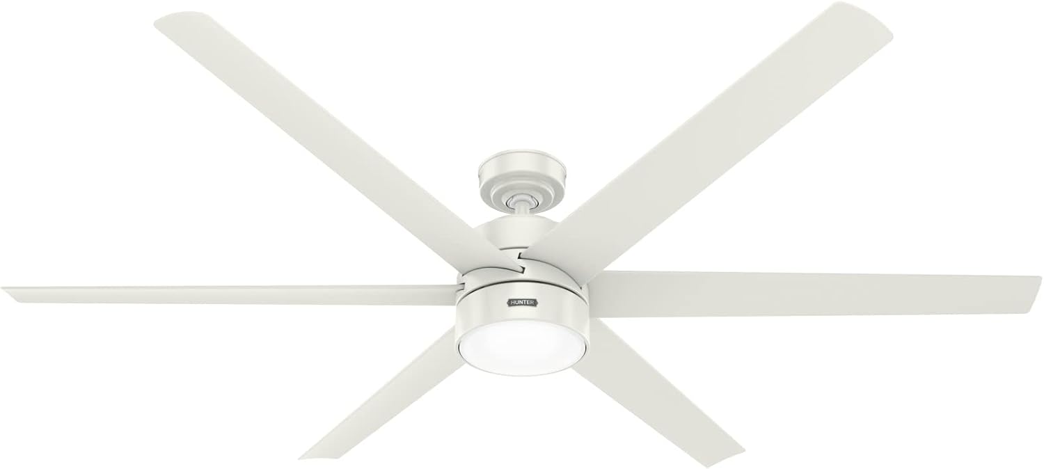 Hunter 72 inch Outdoor or Indoor Ceiling Fan with LED Light - White Ceiling Fan with Wall Control, For Patio, Garage, or Porch, Quiet, Standard Mount, 6 Blades - Solaria 51477, Fresh White