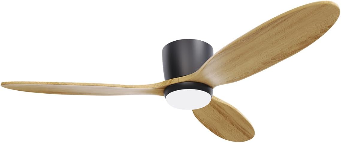 Flush Mount Ceiling Fan with Light, 52 inch Low Profile Ceiling Fans with Remote for Outdoor/Patios, 3 Color Light, 6 Speed, DC Motor, Wood and Modern Matte Black