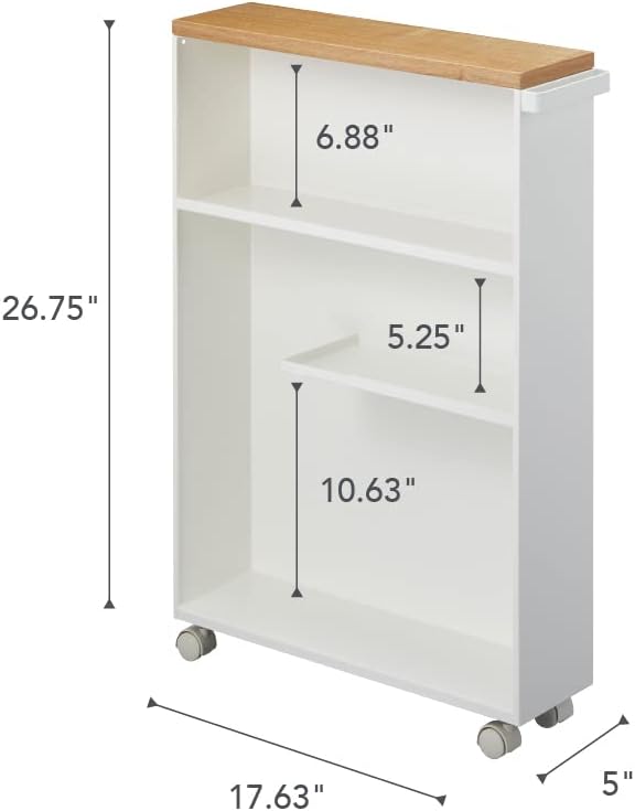 Yamazaki Home Slim Rolling Storage Cart – Narrow Bathroom Storage Cabinet With Handle, Slim Bathroom Storage Cart With Wheels, Easy Assembly, Steel + Wood, White, 27' - Steel -