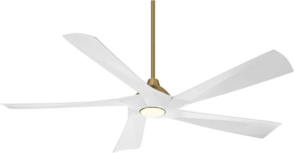 Possini Euro Design 60' Eloquent Modern Indoor Outdoor Ceiling Fan 5 Blade LED Light Remote Control Brass Finish White Blades Bedroom Patio Living Room Damp Rated Decorative DC Motor - 12' Downrod