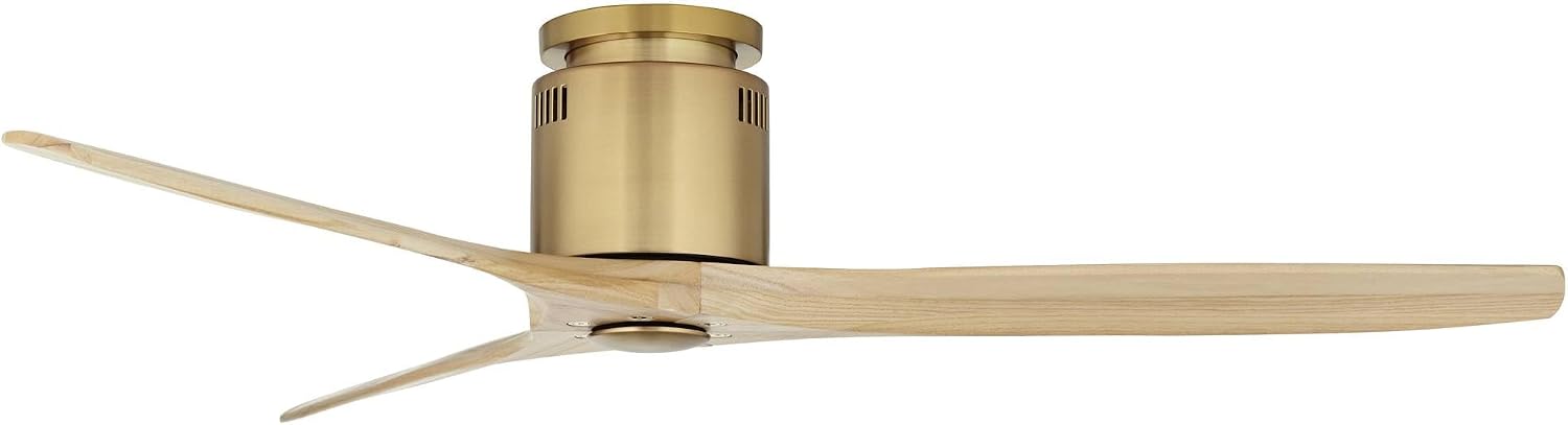Casa Vieja 52' Windspun Modern Indoor Ceiling Fan 3 Blade Remote Control Soft Brass Finish Wood Blades Bedroom Living Room Kitchen Dining Office Hugger DC Motor Flush Mount Family Shop Low Profile