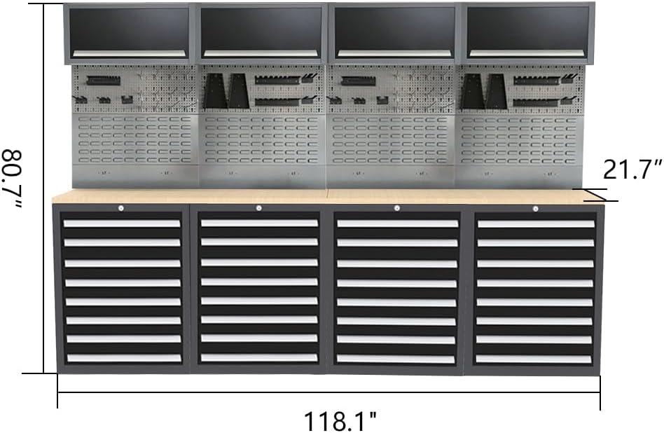 JZD Metal Storage Cabinet System Workbench Set with Wood Top Table, Free Standing for Organizing Garage and Tools
