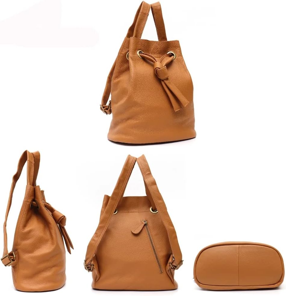 Genuine Leather Backpack Women Fashion Knot Drawstring Casual Shoulder Bag Purse Large School Knapsack(E)