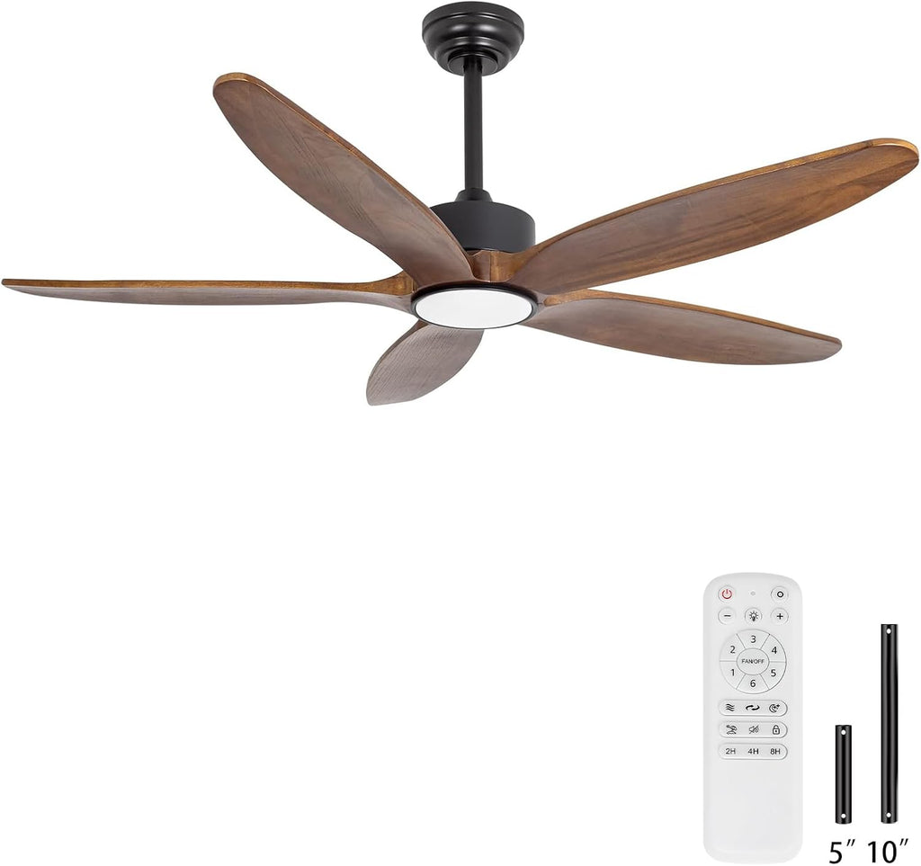 5 Wood Blades Ceiling Fan with Light and Remote,Quiet Reversible DC Motor,6 Wind Speed,LED Dimmable and Memory,for Bedroom/Patios/Living Room,52 inch,Dark Walnut Wood Blades
