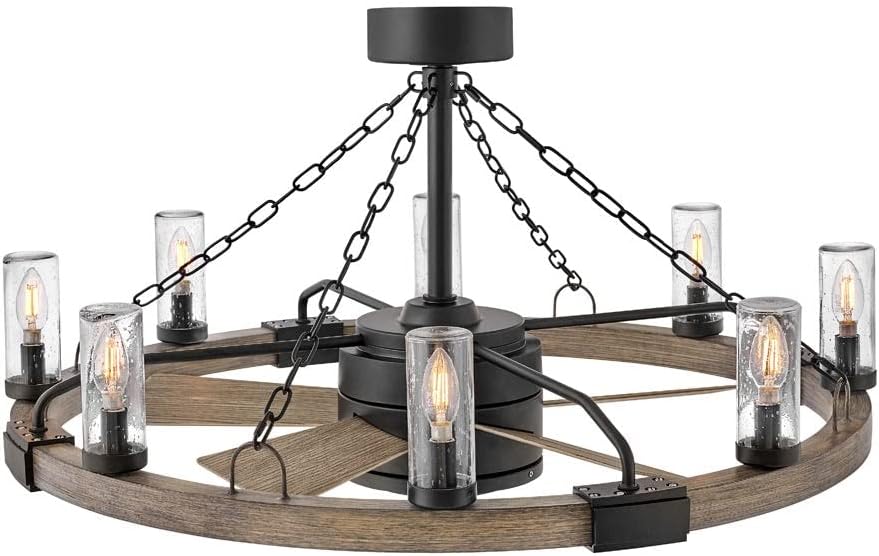 Hinkley Sawyer 36' LED Indoor/Outdoor Smart Fandelier, Rustic Western style, Multiple Down Rods, 16' blade sweep, Matte Black and Driftwood
