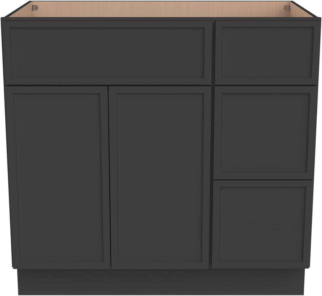 Solid Wood RTA 42' Bathroom Vanity Single-Sink Drawer Base Cabinet Sink Storage Cabinet with Soft-Close 2 Doors and 3 Right Drawers (NT-Charcoal Black, 42' W × 21' D × 34-1/2'H)