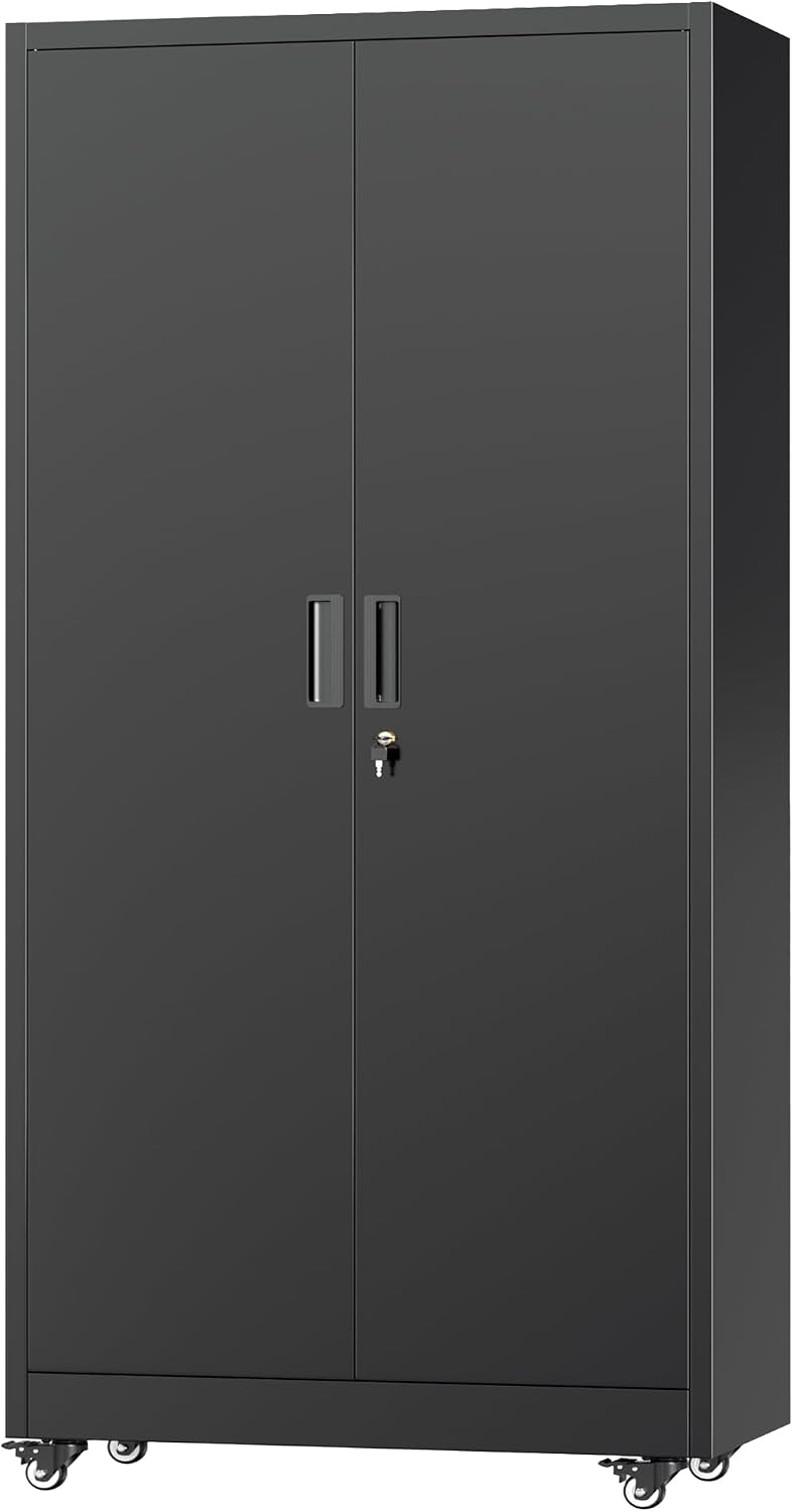 Greenvelly Metal Garage Storage Cabinet with 4 Swivel Wheels, 73' Black Storage Cabinet on Wheels, Rolling Tool Cabinet with Locking Doors and Shelves for Garage, Basement, Home, Warehouse