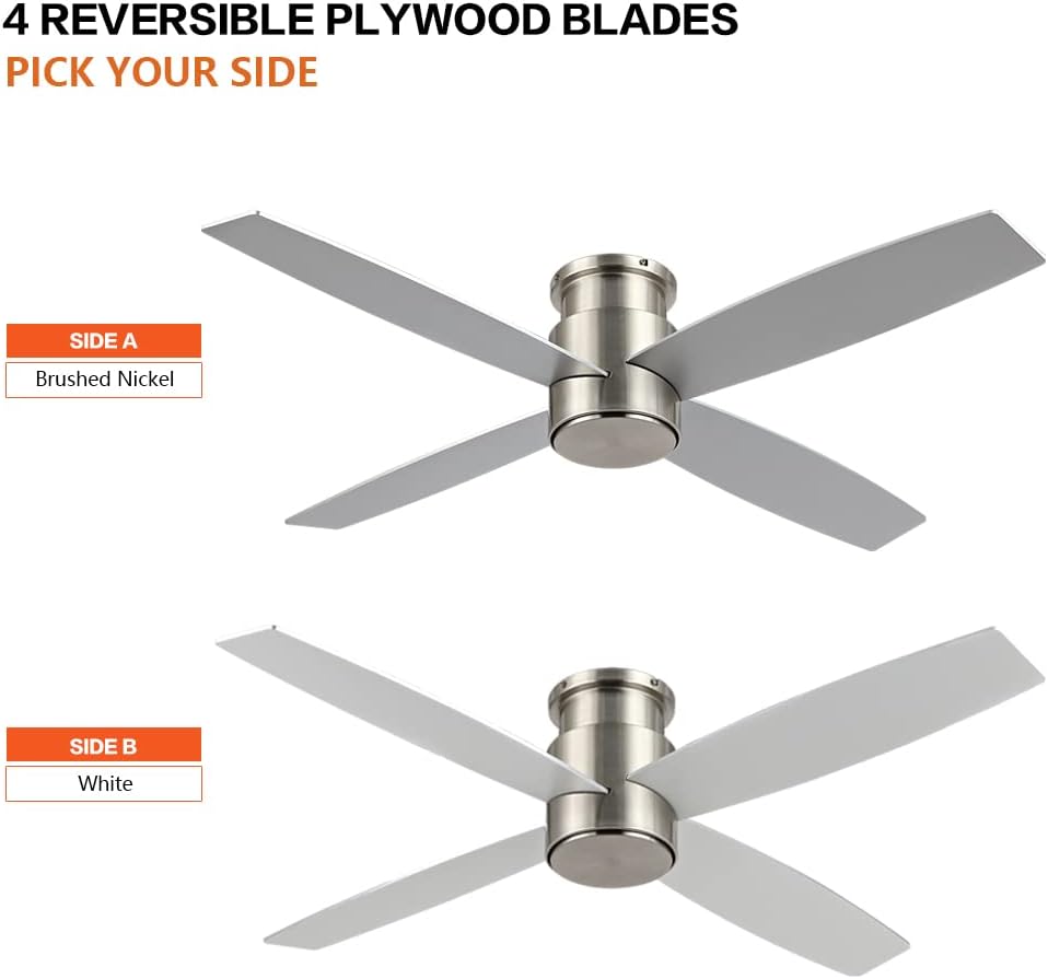 WINGBO 44' Flush Mount DC Ceiling Fan without Lights, 4 Reversible Plywood Blades, Quiet 6-Speed DC Motor, Hugger Low Profile Ceiling Fan No Lights for Bedroom, Brushed Nickel Finish