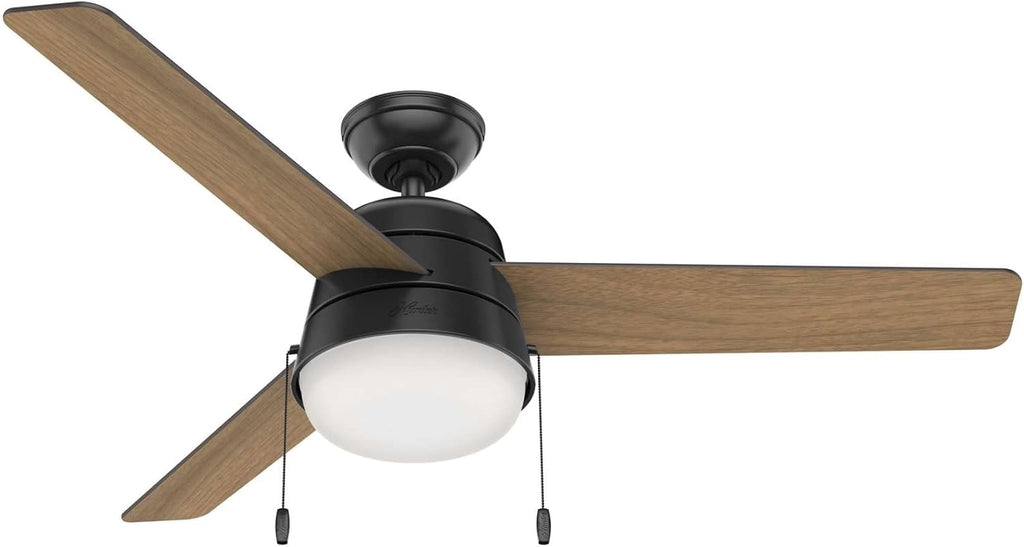 Hunter 52 inch Outdoor or Indoor Ceiling Fan with LED Light and Pull Chain - Black Modern Ceiling Fan, Standard Mount, 3 Blades, For Patio, Porch, Garage, or Living Room - Aker 50386, Matte Black
