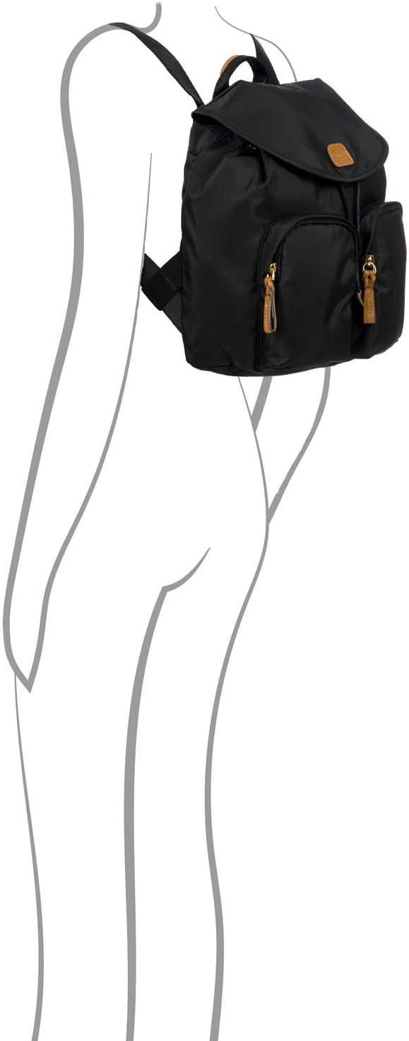 Bric's X-Travel Piccolo City Backpack 10', Water-Resistant Satin Nylon Daypack with Leather Details, Drawstring Closure, Adjustable Straps and Multi-Pocket Organization - Black